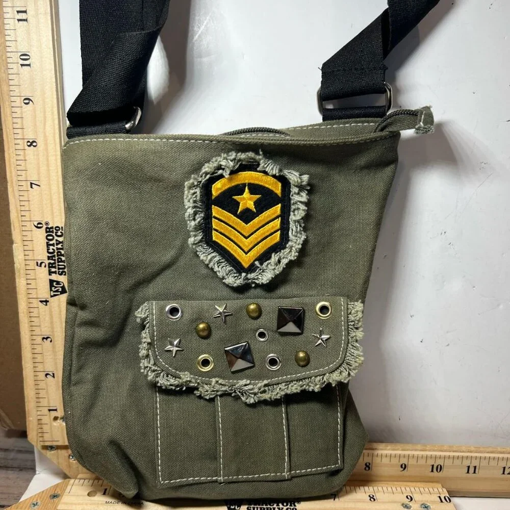 Women's Military Style Olive Green Canvas Crossbody Bag Studded Army Patch - Picture 1 of 2